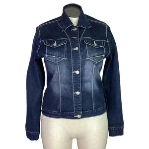 Ethyl Vintage Denim Jacket Womens L Blue Stretch Flap Pockets Rhinestones Dark